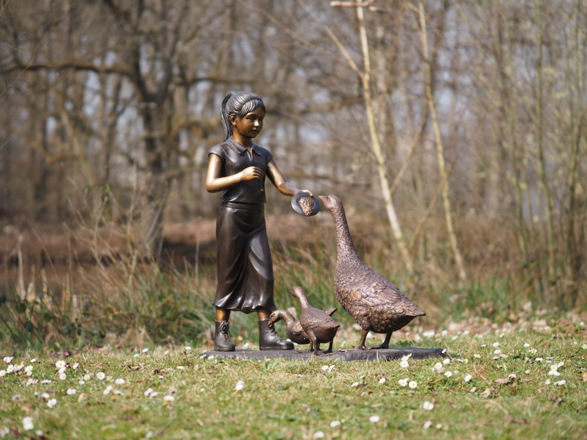 Girl feeding geese